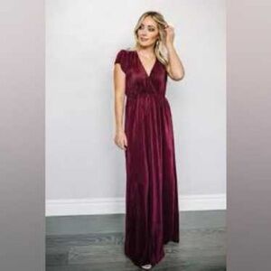 Baltic Born Burgundy Athena Pleated Maxi Dress Size SmallTall Satin Empire Waist